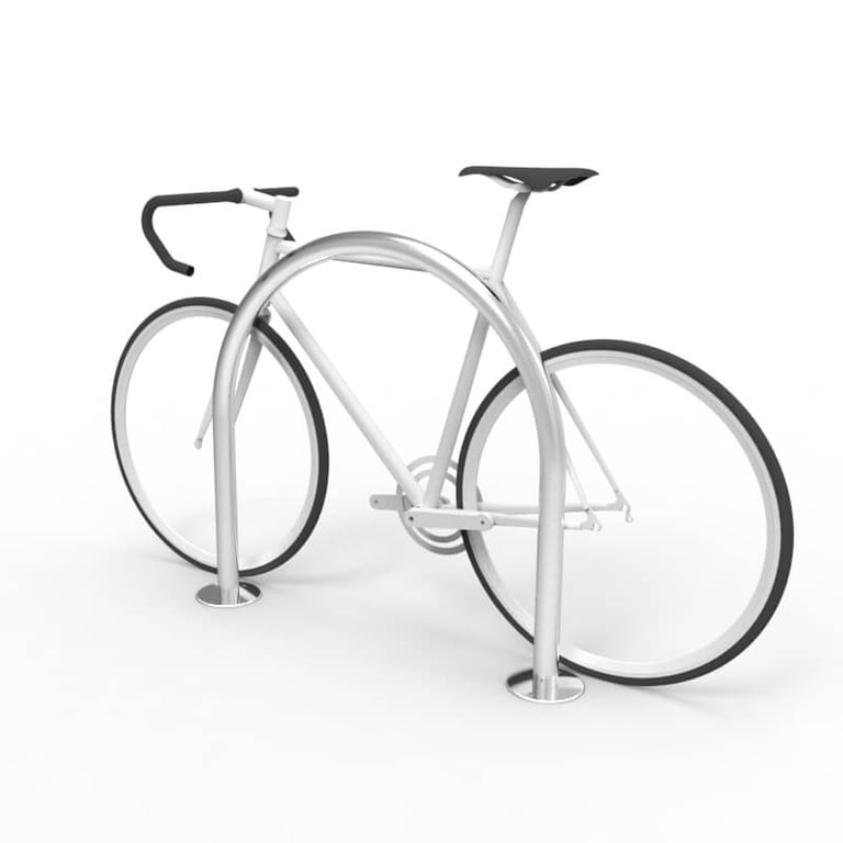 cbr2b-stainless-steel-bike-rail-with-bike-perspective.jpg Image of Rail Bicycle Cora Rounded SurfaceMount