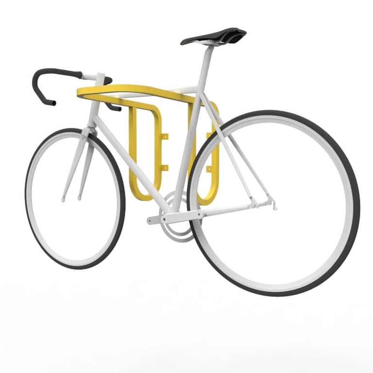 cwr2-wall-mount-bike-rack-RAL1023-with-bike-perspective.jpg Image of Rack Bicycle Cora WallMounted Double