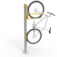 e3vr-45r-angled-vertical-bike-rack-with-bike-and-e3vr-p-post-perspective.jpg Image of Rack Bicycle Cora PostMounted Vertical Angled Dual