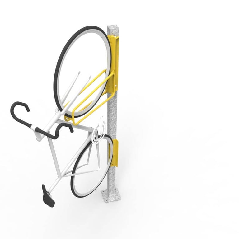 e3vr-dyn-dynamic-vertical-bike-rack-with-bike-post-perspective.jpg Image of Rack Bicycle Cora PostMounted Vertical Pivot
