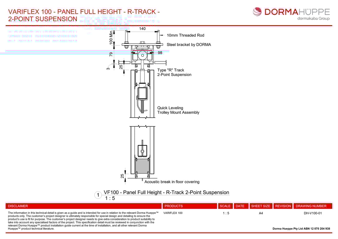 DH-V100-01 - VARIFLEX 100 - PANEL FULL HEIGHT - R-TRACK - 2-POINT SUSPENSION