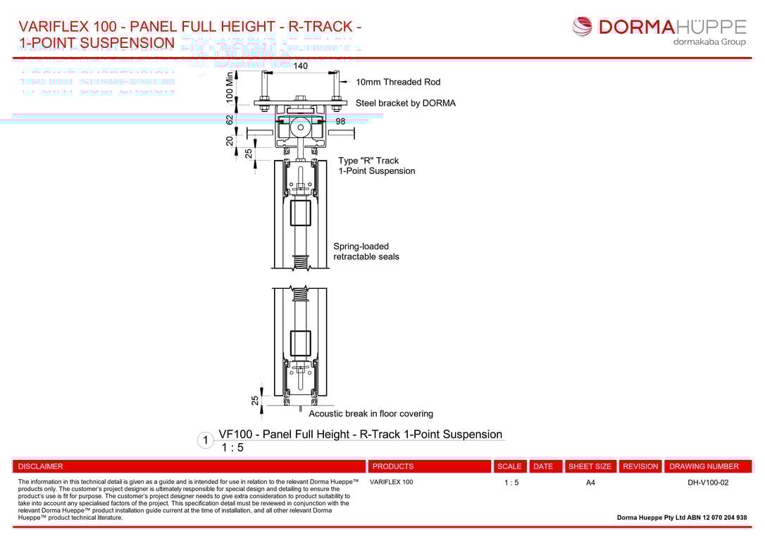 DH-V100-02 - VARIFLEX 100 - PANEL FULL HEIGHT - R-TRACK - 1-POINT SUSPENSION
