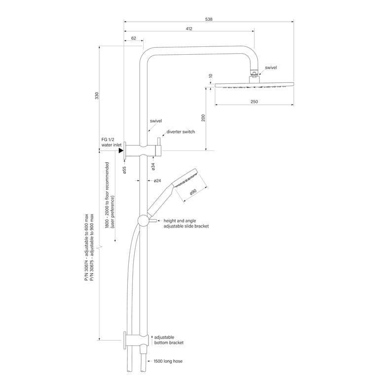 FaucetStrommen_PegasiDualShower600900Sqa90Rnd250_Dimensions.jpg Image of Shower Dual FaucetStrommen Pegasi Square 600