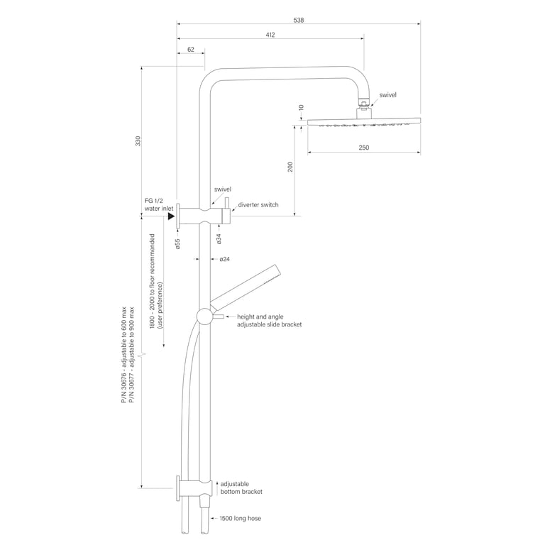 FaucetStrommen_PegasiDualShower600900SqaMicro250_Dimensions.jpg Image of Shower Dual FaucetStrommen Pegasi Square Micro 900