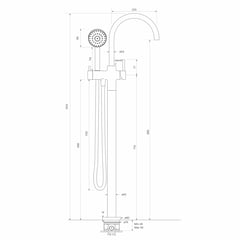 FaucetStrommen_PegasiFloorBathMixerCurveW.Handshower_Dimensions.jpg Image of Mixer Floor FaucetStrommen Pegasi Bath HandShower Curve