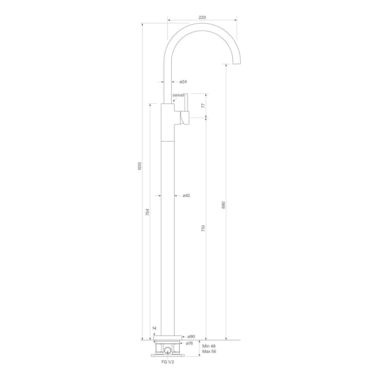 FaucetStrommen_PegasiFloorBathMixerCurve_Dimensions.jpg Image of Mixer Floor FaucetStrommen Pegasi Bath Curve