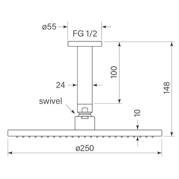 FaucetStrommen_PegasiOverheadShower100Cdrop250Head_Dimensions.jpg Image of Shower Ceiling FaucetStrommen Pegasi Cdrop 100