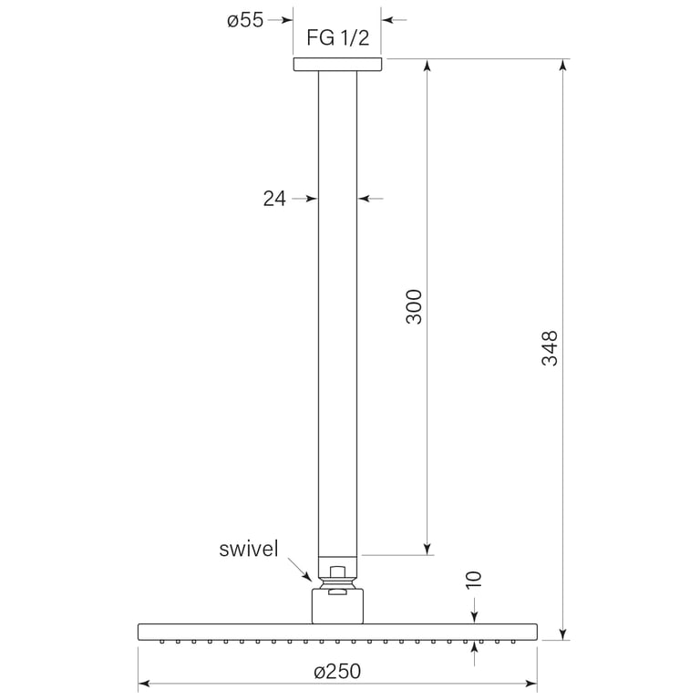 FaucetStrommen_PegasiOverheadShower300Cdrop250Head_Dimensions.jpg Image of Shower Ceiling FaucetStrommen Pegasi Cdrop 300
