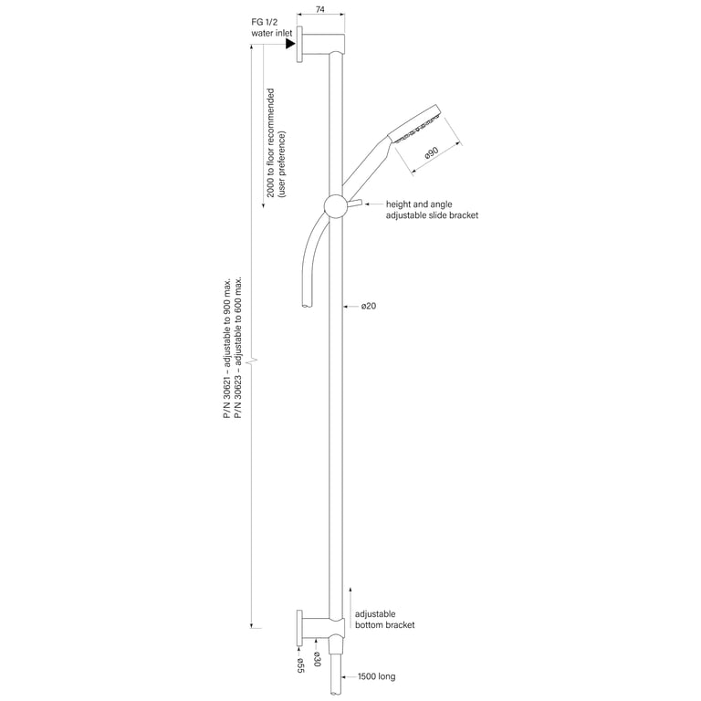 FaucetStrommen_PegasiSlideShowerInflow60090090Rnd_Dimensions.jpg Image of Shower Rail FaucetStrommen Pegasi HandHeld Round 900