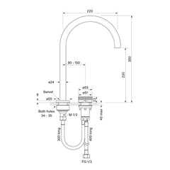 FaucetStrommen_ZeroProgresivFlutedSinkMixerCurve_Dimensions.jpg Image of MixerSet Sink FaucetStrommen ZeroProgresiv Fluted Curve