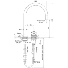 FaucetStrommen_ZeroProgresivFlutedSinkMixerW.PullOutCurve_Dimensions.jpg Image of MixerSet Sink FaucetStrommen ZeroProgresiv Fluted Curve PullOut