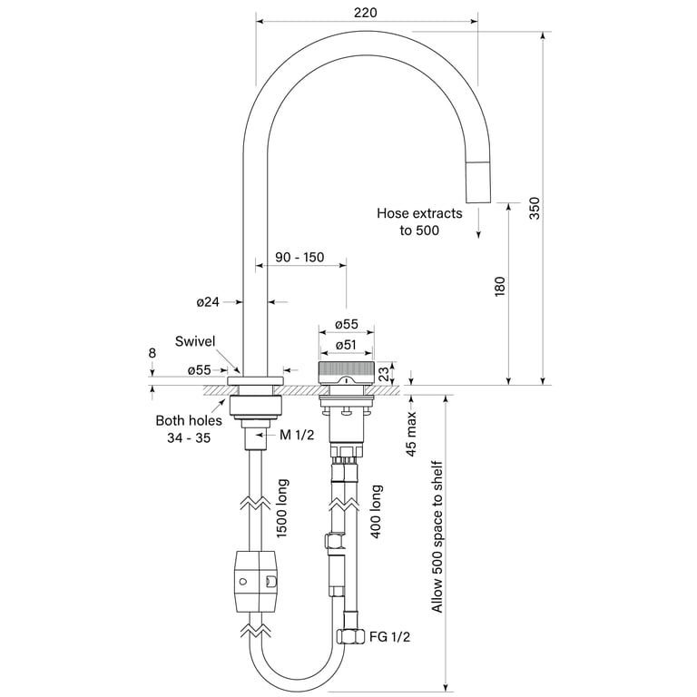 FaucetStrommen_ZeroProgresivFlutedSinkMixerW.PullOutCurve_Dimensions.jpg Image of MixerSet Sink FaucetStrommen ZeroProgresiv Fluted Curve PullOut