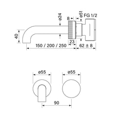 FaucetStrommen_ZeroProgresivFlutedWallBasinMixerSet150200250_Dimensions.jpg Image of MixerSet Basin FaucetStrommen ZeroProgresiv Fluted 200