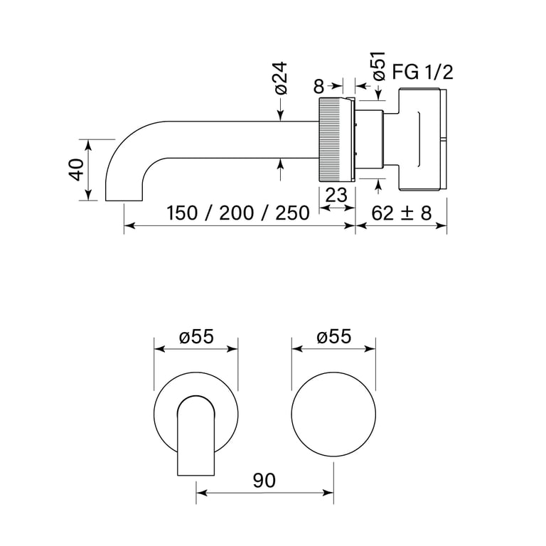 FaucetStrommen_ZeroProgresivFlutedWallBasinMixerSet150200250_Dimensions.jpg Image of MixerSet Basin FaucetStrommen ZeroProgresiv Fluted 150