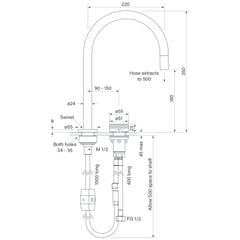 FaucetStrommen_ZeroProgresivKnurlSinkMixerW.PullOutCurve_Dimensions.jpg Image of MixerSet Sink FaucetStrommen ZeroProgresiv Knurl Curve PullOut