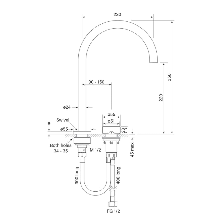 FaucetStrommen_ZeroProgresivSmoothSinkMixerCurve_Dimensions.jpg Image of MixerSet Sink FaucetStrommen ZeroProgresiv Smooth Curve