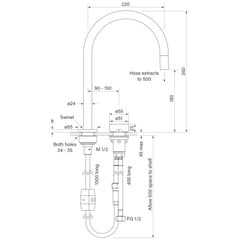 FaucetStrommen_ZeroProgresivSmoothSinkMixerW.PullOutCurve_Dimensions.jpg Image of MixerSet Sink FaucetStrommen ZeroProgresiv Smooth Curve PullOut