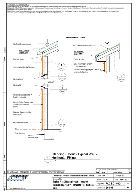  Image of B04-04 - Typical Wall Cladding Setout - Supported Fielders Boulevard™ - Horizontal Fix - Sectional View