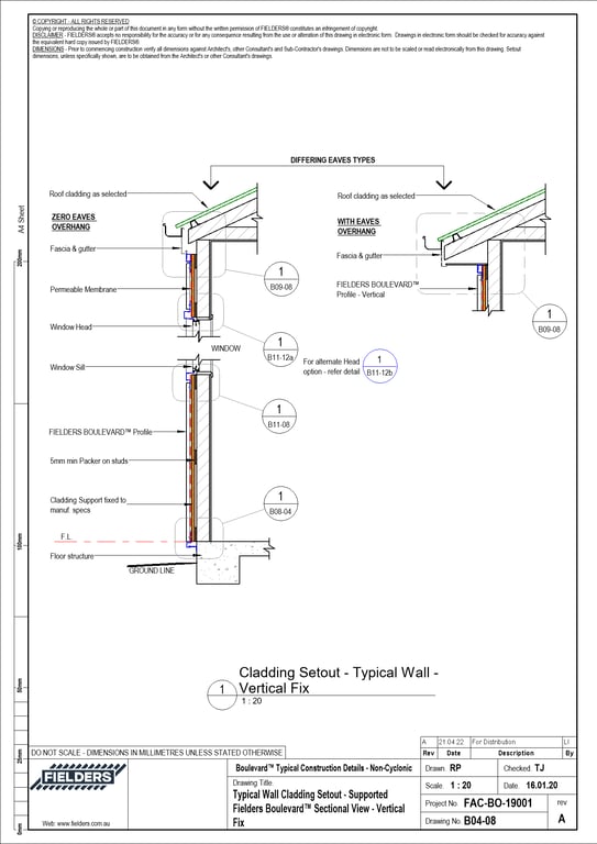 Navigate to B04-08 - Typical Wall Cladding Setout - Supported Fielders Boulevard™ Sectional View - Vertical Fix