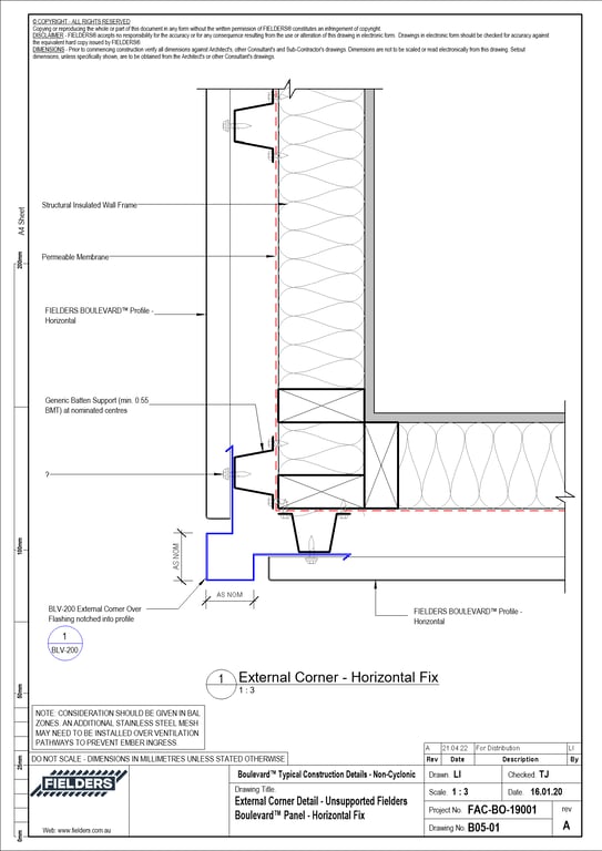  Image of B05-01 - External Corner Detail - Unsupported Fielders Boulevard™ Panel - Horizontal Fix