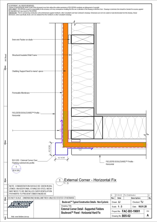  Image of B05-02 - External Corner Detail - Supported Fielders Boulevard™ Panel - Horizontal Hard Fix