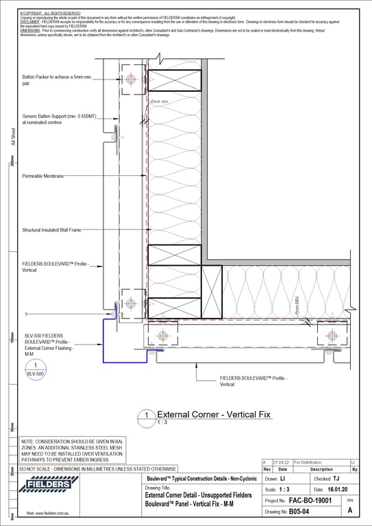 Image of B05-04 - External Corner Detail - Unsupported Fielders Boulevard™ Panel - Vertical Fix - M-M