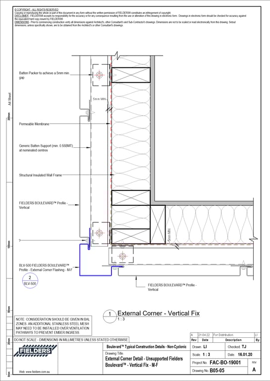  Image of B05-05 - External Corner Detail - Unsupported Fielders Boulevard™ - Vertical Fix - M-F
