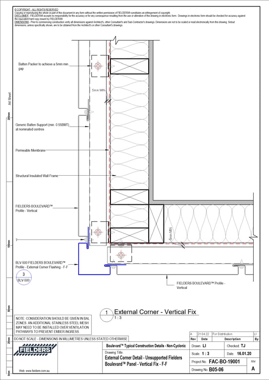  Image of B05-06 - External Corner Detail - Unsupported Fielders Boulevard™ Panel - Vertical Fix - F-F