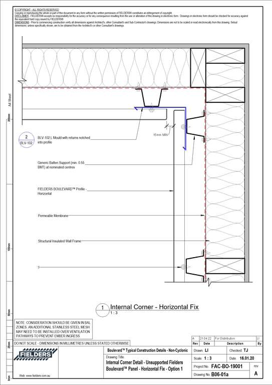  Image of B06-01a - Internal Corner Detail - Unsupported Fielders Boulevard™ Panel - Horizontal Fix - Option 1