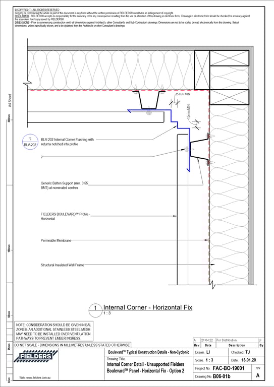  Image of B06-01b - Internal Corner Detail - Unsupported Fielders Boulevard™ Panel - Horizontal Fix - Option 2