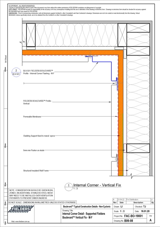  Image of B06-08 - Internal Corner Detail - Supported Fielders Boulevard™ Vertical Fix - M-F