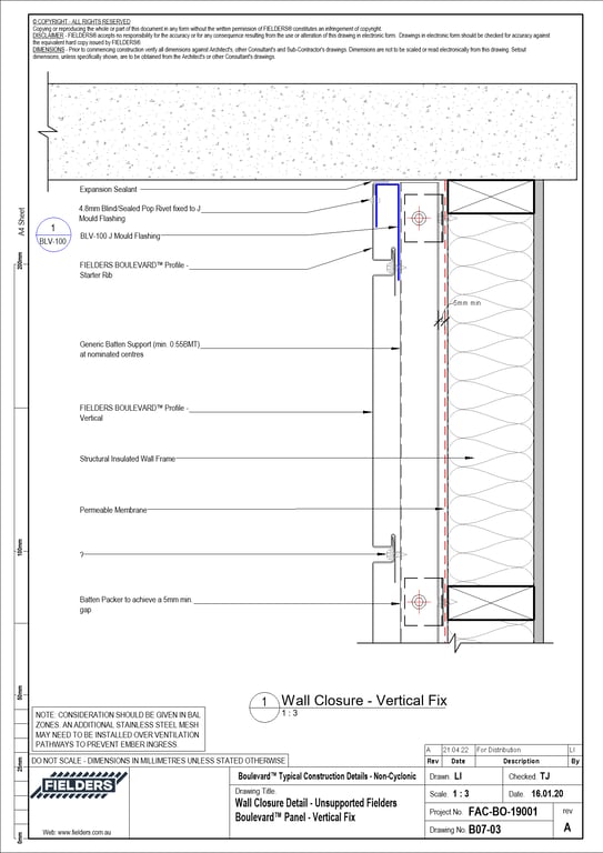Navigate to B07-03 - Wall Closure Detail - Unsupported Fielders Boulevard™ Panel - Vertical Fix