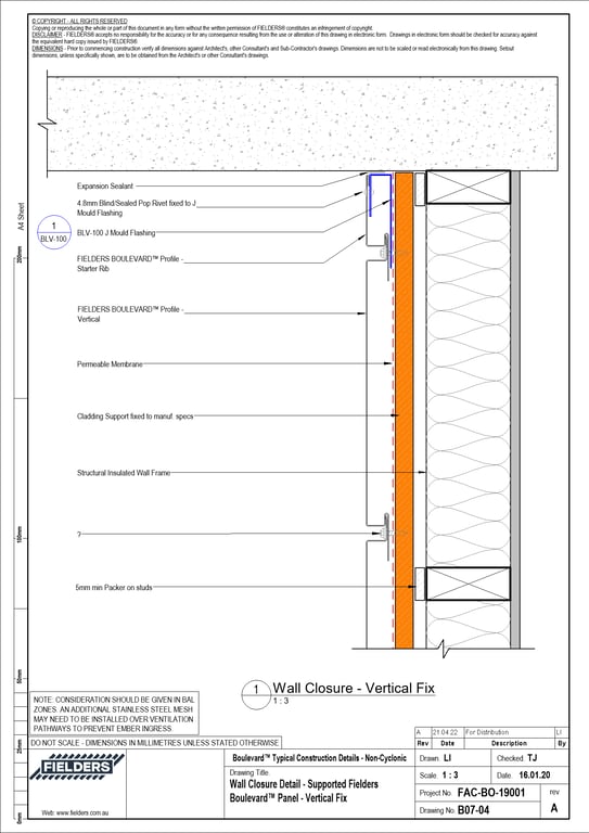  Image of B07-04 - Wall Closure Detail - Supported Fielders Boulevard™ Panel - Vertical Fix