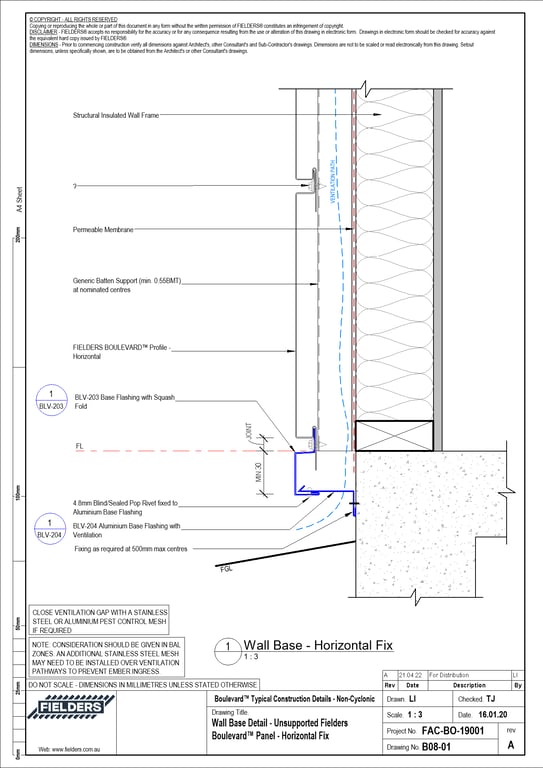 Navigate to B08-01 - Wall Base Detail - Unsupported Fielders Boulevard™ Panel - Horizontal Fix