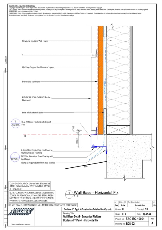  Image of B08-02 - Wall Base Detail - Supported Fielders Boulevard™ Panel - Horizontal Fix