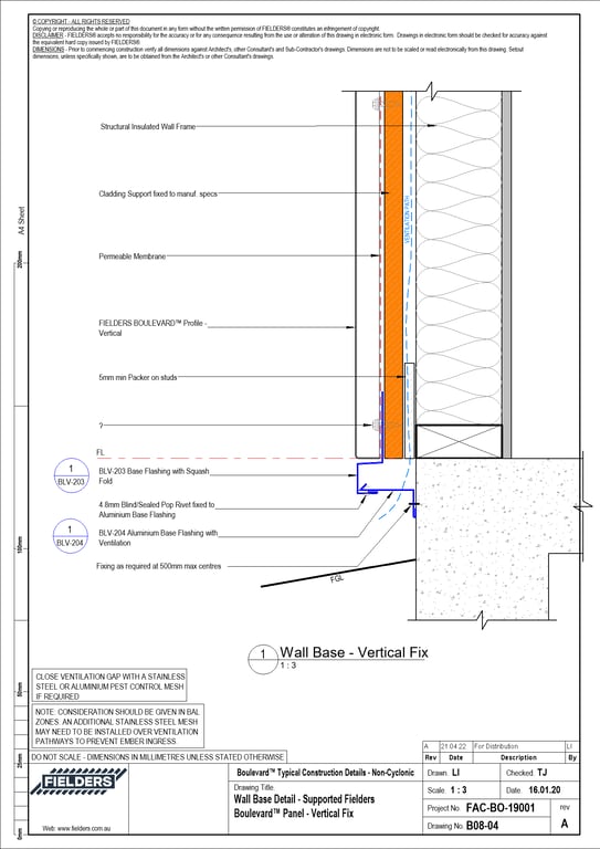 Image of B08-04 - Wall Base Detail - Supported Fielders Boulevard™ Panel - Vertical Fix