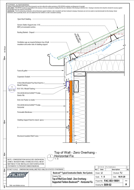  Image of B09-02 - Top of Wall Eave Detail - Zero Overhang - Supported Fielders Boulevard™ - Horizontal Fix