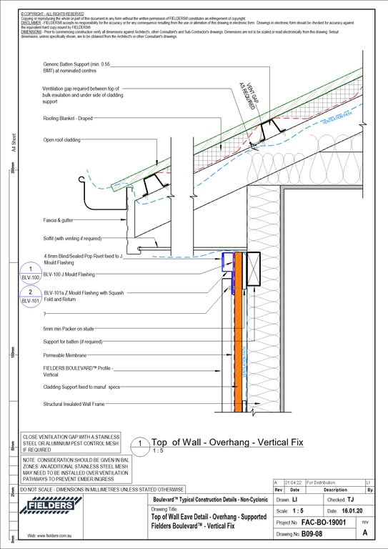  Image of B09-08 - Top of Wall Eave Detail - Overhang - Supported Fielders Boulevard™ - Vertical Fix