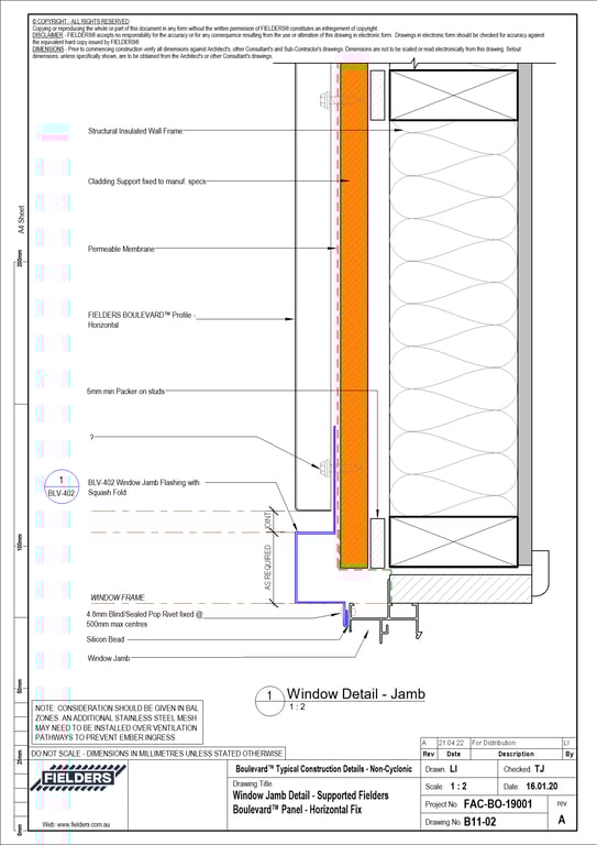  Image of B11-02 - Window Jamb Detail - Supported Fielders Boulevard™ Panel - Horizontal Fix