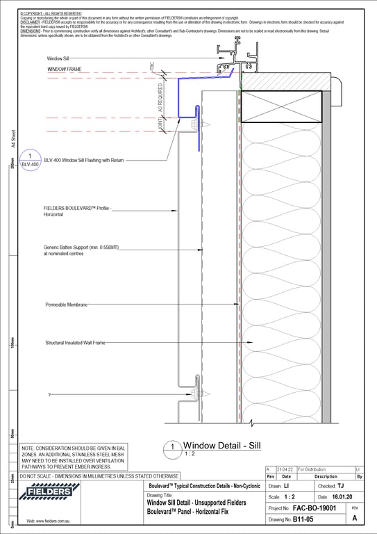  Image of B11-05 - Window Sill Detail - Unsupported Fielders Boulevard™ Panel - Horizontal Fix