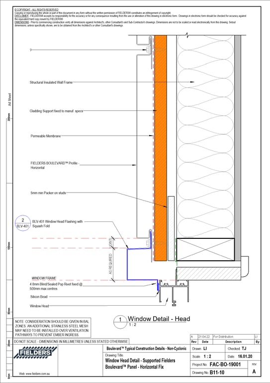  Image of B11-10 - Window Head Detail - Supported Fielders Boulevard™ Panel - Horizontal Fix