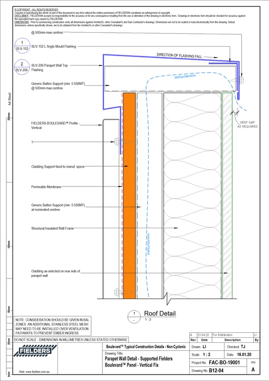  Image of B12-04 - Parapet Wall Detail - Supported Fielders Boulevard™ Panel - Vertical Fix