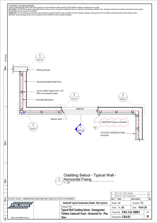 Navigate to C04-01 - Typical Wall Cladding Setout - Unsupported Fielders Cadence® Panel - Horizontal Fix - Plan View