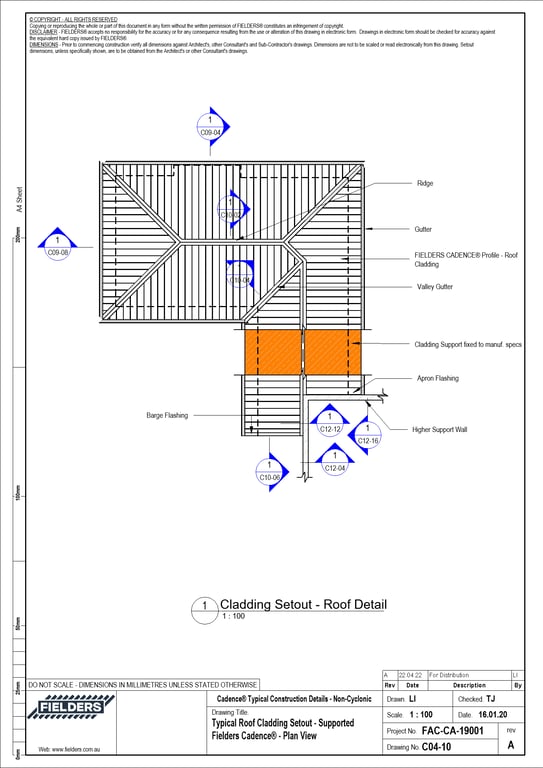 Navigate to C04-10 - Typical Roof Cladding Setout - Supported Fielders Cadence® - Plan View