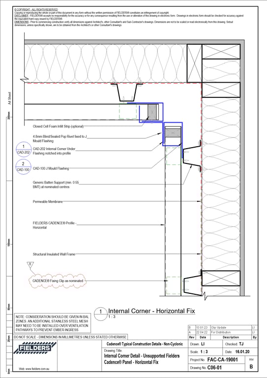  Image of C06-01 - Internal Corner Detail - Unsupported Fielders Cadence® Panel - Horizontal Fix