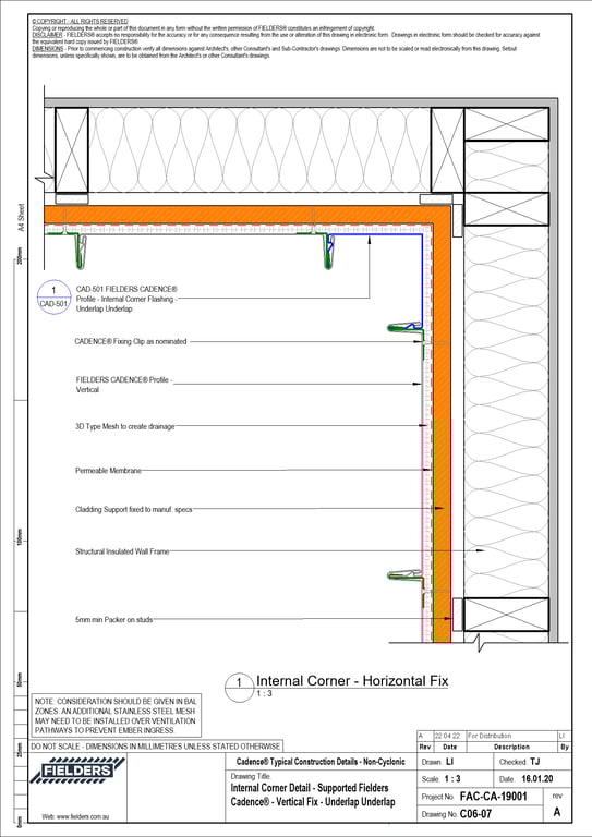  Image of C06-07 - Internal Corner Detail - Supported Fielders Cadence® - Vertical Fix - Underlap Underlap
