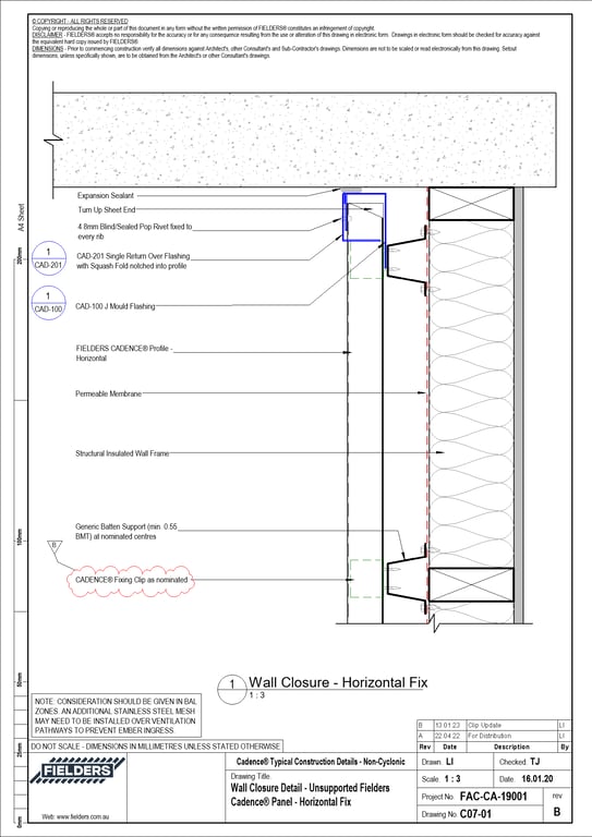  Image of C07-01 - Wall Closure Detail - Unsupported Fielders Cadence® Panel - Horizontal Fix