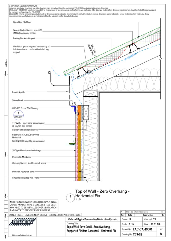  Image of C09-02 - Top of Wall Eave Detail - Zero Overhang - Supported Fielders Cadence® - Horizontal Fix