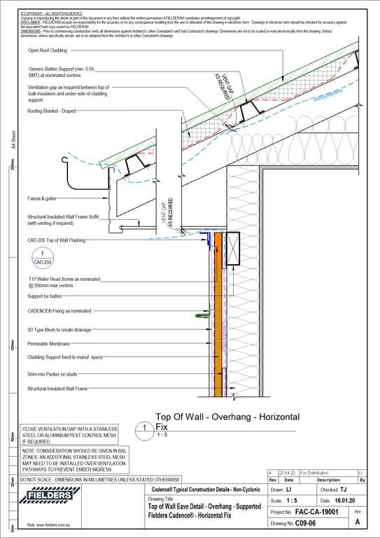  Image of C09-06 - Top of Wall Eave Detail - Overhang - Supported Fielders Cadence® - Horizontal Fix