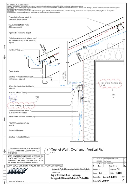  Image of C09-07 - Top of Wall Eave Detail - Overhang - Unsupported Fielders Cadence® - Vertical Fix